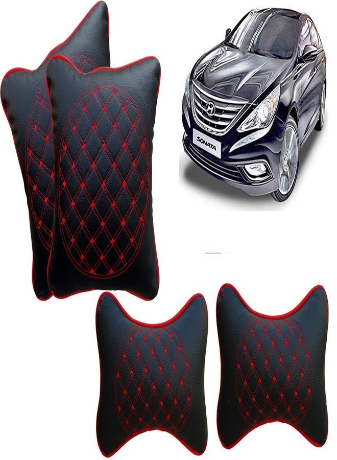 Selifaur Black and Red Double Quilted Car Cushion and Neck Rest Pillow Set of 4 for Sonata Fluidic - Image 1